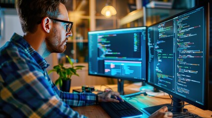 a man is sitting at a desk with two computer monitors in front of him. he is typing on a keyboard an