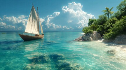 Tropical sailboat at sea, tranquil and idyllic, near a lush island