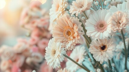 Wall Mural - A bouquet of pink flowers with yellow centers. The flowers are arranged in a vase and are surrounded by a blurry background. Concept of warmth and happiness, as the bright colors of the flowers