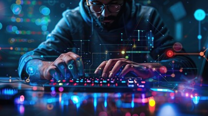 Person typing on colorful keyboard in digital environment.