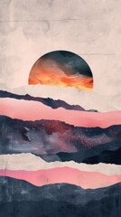 Wall Mural - Sunset watercolor wallpaper landscape painting outdoors.