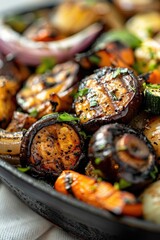 Poster - A plate of grilled vegetables with onions and mushrooms. The plate is on a grill, and the vegetables are arranged in a way that makes them look appetizing