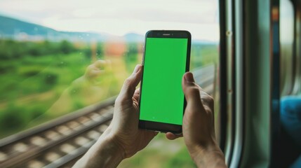 Hand holding smartphone with green screen inside a moving train. Blank phone screen perfect for mockups or inserts, background motion blur.