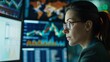 © LavaPixel - Focused Woman Analyzing Data on Multiple Screens, Data Analysis, Financial Charts, Stock Market , Business, Technology