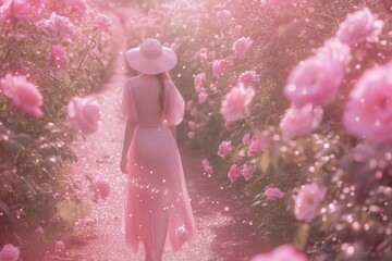 Poster - Woman walking in the rose garden outdoors blossom nature.