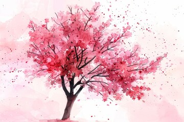 Wall Mural - Spring Blossoms: Minimalist Cherry Tree Drawings in Triadic Watercolor - Top View Flat Design Theme