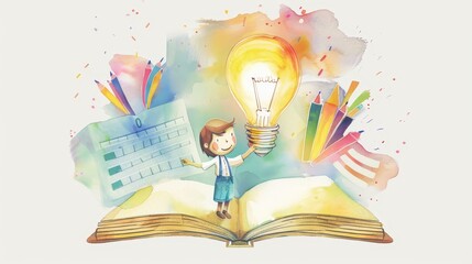 Poster - Unlocking Creativity: Boy Holding a Lightbulb Over an Open Book - A young boy stands atop an open book, holding a glowing lightbulb, symbolizing creativity, inspiration, knowledge, and learning. Color