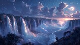 An anime depiction of Victoria Falls at night, starry sky with a full moon, the falls illuminated by moonlight, glowing mist creating an enchanting atmosphere, high contrast, detailed environment,