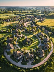 Wall Mural - An aerial view of a circular village surrounded by green fields. AI.