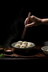 Poster - Hand using chopsticks dumpling adult food.