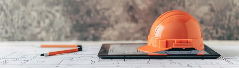 Orange hard hat placed on a tablet with architectural plans, symbolizing construction and project management