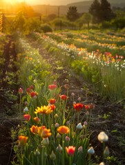 Sticker - Sunlit Flower Field at Sunset - A picturesque field of blooming flowers basks in the warm glow of a setting sun. The vibrant hues of red, yellow, and orange contrast beautifully with the soft green fo