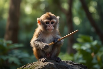 Wall Mural - A cute and funny monkey is holding a spear. The monkey is standing on a rock in front of a lush green background.