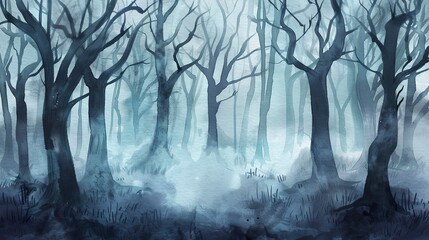 Wall Mural - Foggy Spooky forest watercolor background. Fantasy landscape with mysterious trees. Dark scary woodland scene. Halloween concept. 