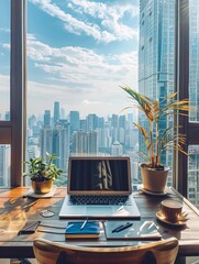 Canvas Print - Modern Workspace with City Skyline View - A laptop sits on a wooden desk with a view of a city skyline from a high-rise window, symbolizing productivity, success, ambition, innovation, and urban lifes