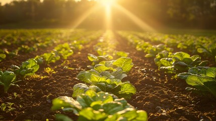 Sticker - Golden Hour Farm Fresh Lettuce Growing in Soil - A close-up shot of lettuce growing in a field, bathed in the golden light of the setting sun. The image conveys concepts of growth, harvest, fresh prod