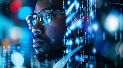 Wall Mural - A man wearing glasses is looking at a computer screen with a blue background