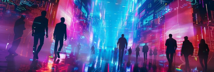 Canvas Print - Neon Cityscape: Anonymous Figures Walk Through a Vibrant Digital World - A group of anonymous figures walk through a futuristic city with neon lights, symbolizing technology, progress, anonymity, and 