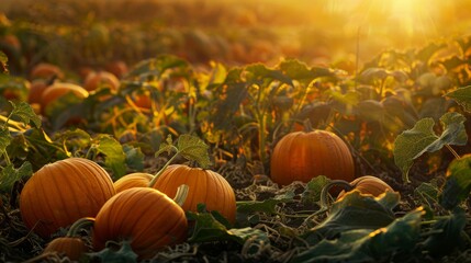 Sticker - Golden Hour Pumpkin Patch: A Harvest Sunset - A field of ripe pumpkins bathed in warm golden sunlight, showcasing the beauty of autumn harvest. Pumpkins symbolize abundance, fall season, and the bount