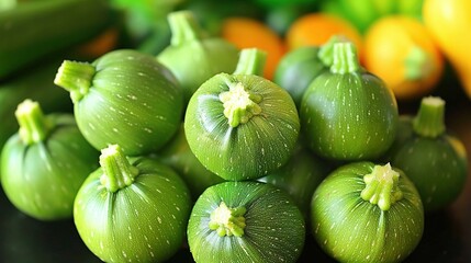 Poster -   Green peppers on a table next to oranges and cucumbers