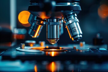 Close-up of a microscope in a laboratory setting with a vibrant, scientific background, showcasing precision and modern technology.