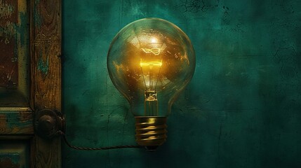 Wall Mural -   A light bulb atop a green wall beside a wooden door with a rope hanging off it