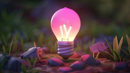 Wall Mural -   A pink light bulb rests atop a rocky mound adjacent to a cluster of purple rocks and greenery