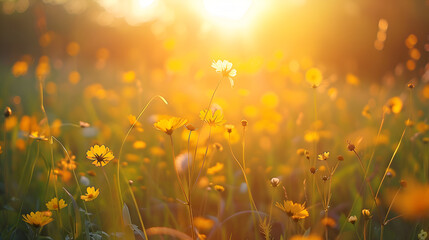 Abstract warm landscape of dry wildflower and grass meadow on warm golden hour sunset or sunrise time. Tranquil autumn fall nature field background. Soft golden hour sunlight panoramic co