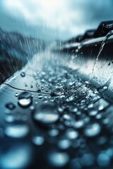 Canvas Print - A rain-soaked sidewalk with water dripping from a metal railing. The water droplets are small and scattered, creating a sense of movement and energy. The scene evokes a feeling of freshness