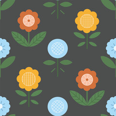 Wall Mural - Pattern with traditional naive flowers. Decorative ornament with symmetrical ethnic bright flowers. Vector illustration