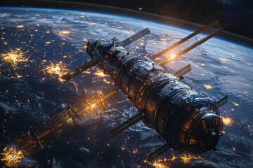 Wall Mural - a 3d image of a space station orbiting a planet, created with high-quality digital space art in good