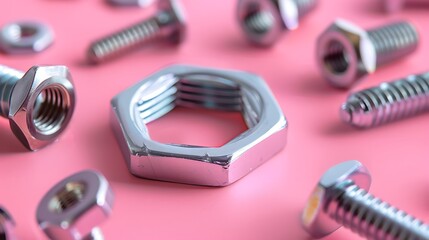 Wall Mural - Screws nuts washers close up on pink background