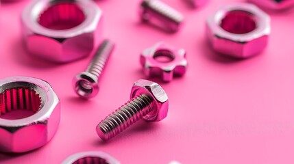 Wall Mural - Screws nuts washers close up on pink background