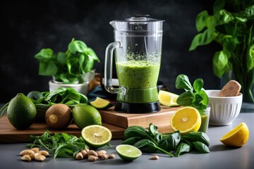 Wall Mural - Healthy detox green smoothies ingredient blender drink.