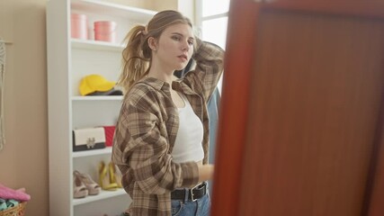 Sticker - Caucasian woman styling hair in mirror at clothing room