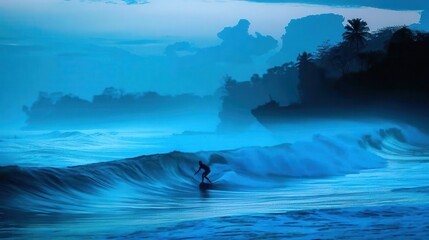 A lone surfer catching a wave at dawn on a tropical beach