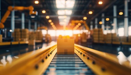 A single cardboard box moves along a conveyor belt in a modern warehouse.