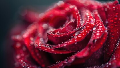 Close-up of a red rose with dew drops on the petals.