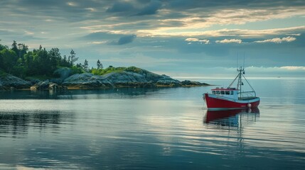 A tranquil seascape featuring a red fishing boat floating in calm waters under a dramatic sky.