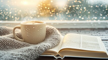 Wall Mural - A book is open on a table with a cup of coffee next to it