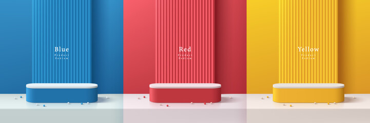 Wall Mural - set of 3d red, blue, yellow product podium background with serrated wall pattern. abstract compositi