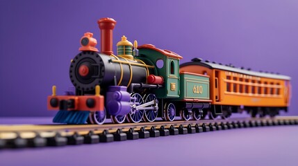 toy railroad with battery powered steam locomotives and railway track isolated on purple background