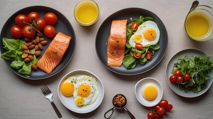 Wall Mural - Salmon meat and vegetables and egg