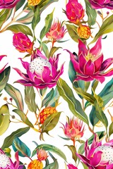 Exotic Dragon Fruit and Floral Watercolor Pattern on White Background with Vibrant Colors and Delicate Details