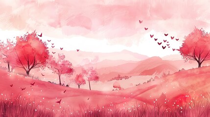 Sticker - Valentines Day pink watercolor landscape background 