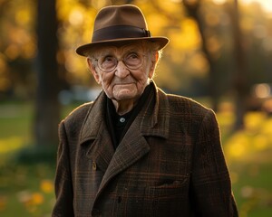 Smiling Elderly Person Walking in Sunny Park with Cane - Confident Senior Citizen Enjoying Nature with 90 mm f/4.0 Lens