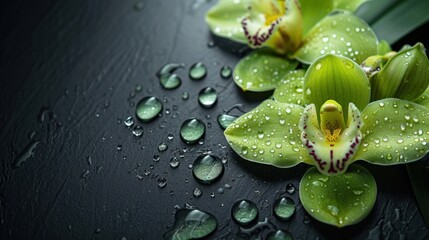 Sticker - Green Orchid with Dew Drops on Black Background