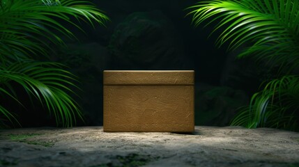 Poster - golden box on wooden surface with green leaves