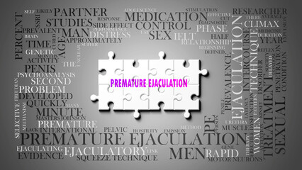 Premature Ejaculation as a complex subject, related to important topics. Pictured as a puzzle surrounded by most important ideas and phrases related to premature ejaculation. ,3d illustration