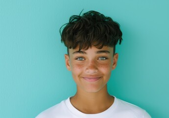 Sticker - smiling young person with curly hair against teal background